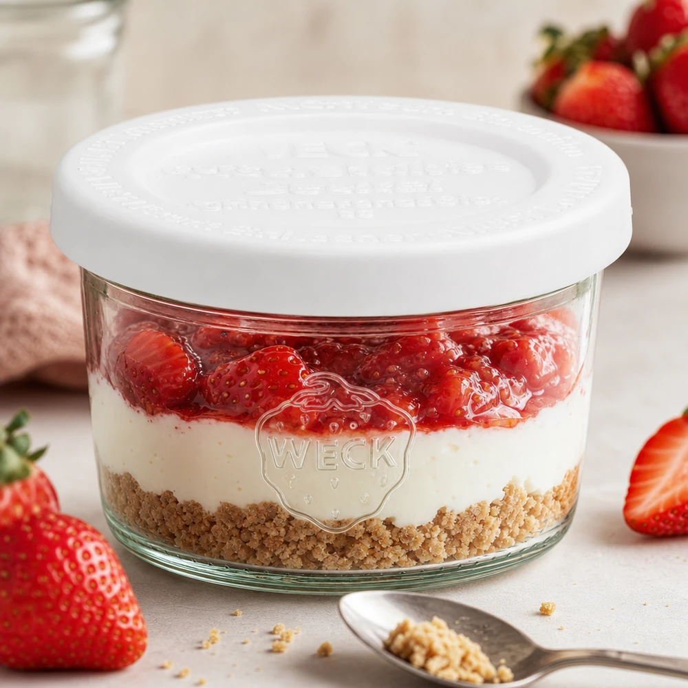 80 ml burk med lock som håller maten färsk – WECK RR60 WECK 80 ml glas RR60 med jordgubbsdessert och kexbotten som en lagrad dessert mellan färska jordgubbar och sked