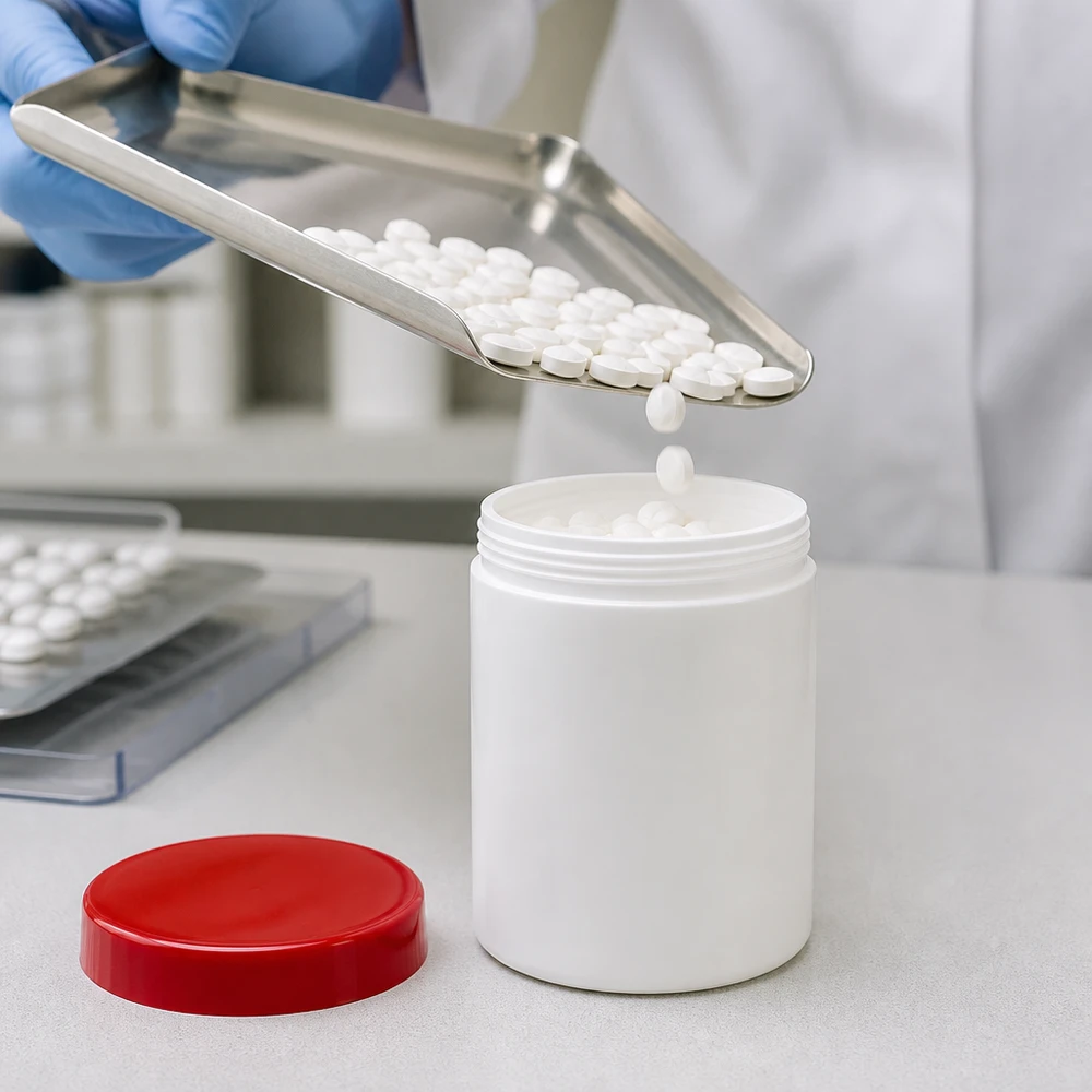 Salvburk 50g vit med rött skruvlock (polypropylen) En apotekstekniker fyller en vit 50 g-salvburk med rött PP-skruvlock i laboratoriet