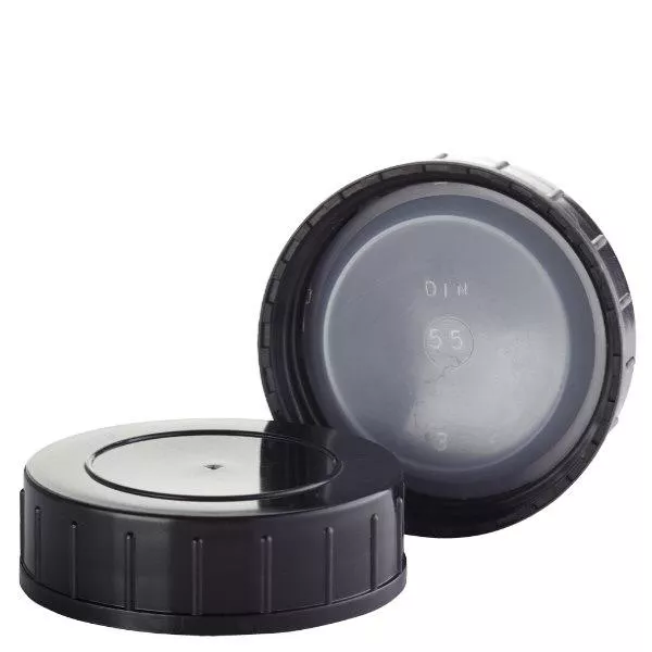 Svart skruvlock av polypropylen N 55mm (DIN 55) Svart skruvlock av polypropylen N 55mm (DIN 55)