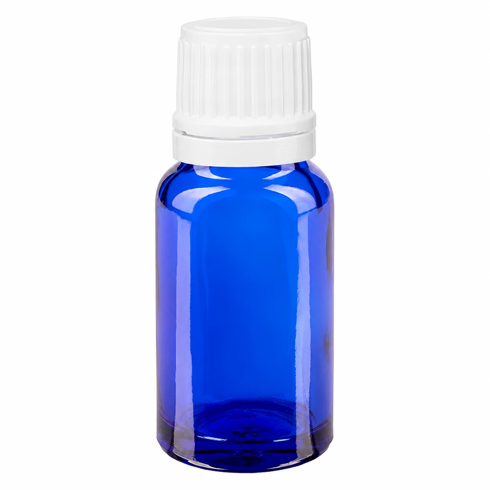 Apoteksflaska blå 10ml skruvkork vit säkerhetsförslutning 10 ml blå apotekarflaska i glas med vitt skruvlock och säkerhetsförslutning