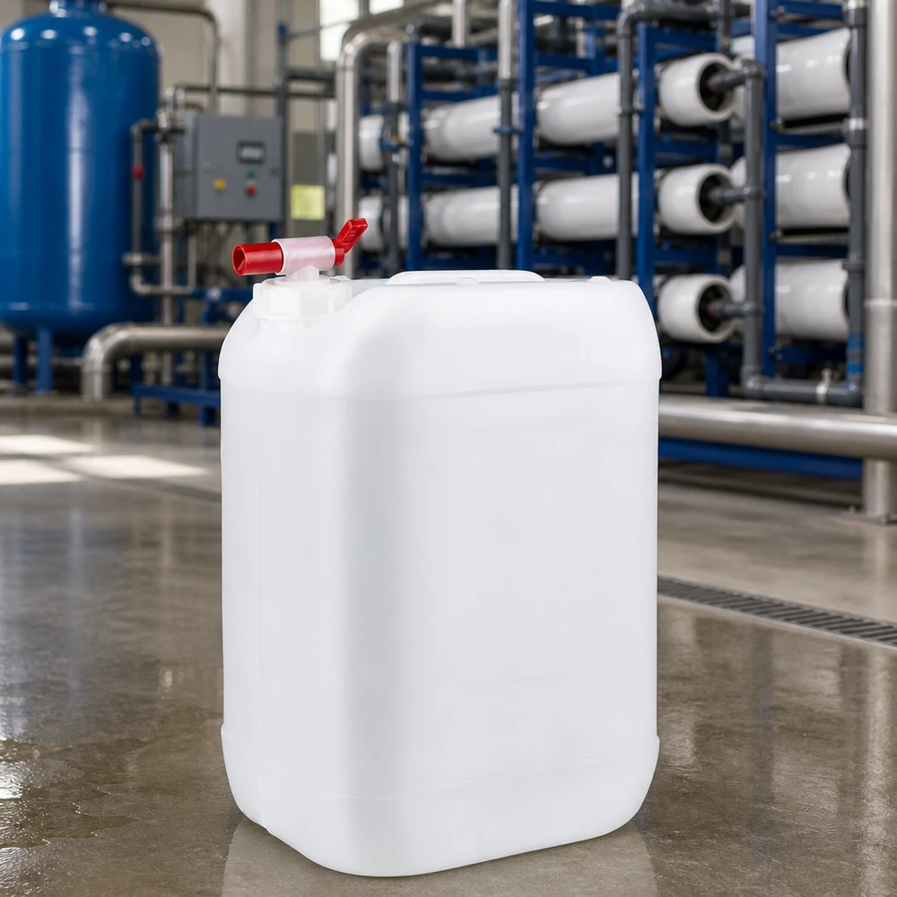 Dunk 25 liter med avtappningskran 25-liters industrikanister, vit, med utloppskran framför vattenreningsanläggningen