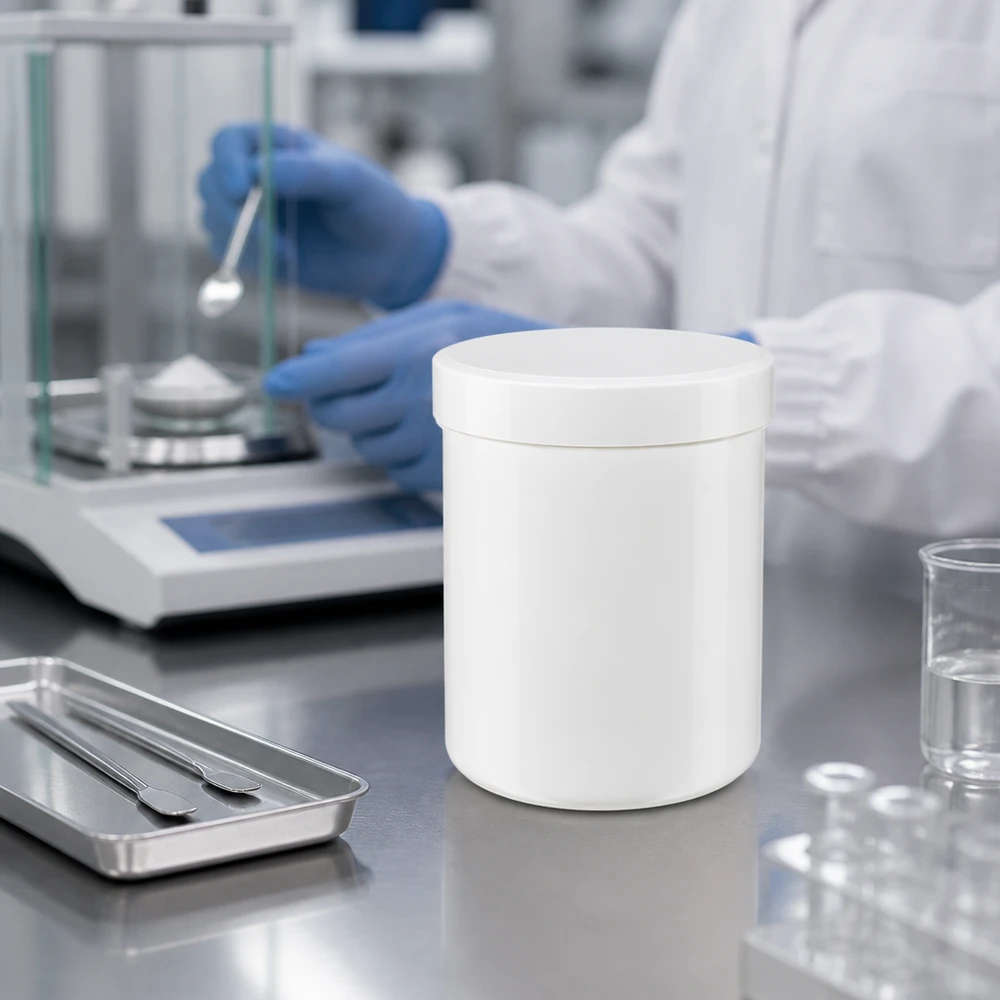 Vit PP-salvburk på 150 g med skruvlock på laboratoriebordet bredvid vågskålen och spatelerna