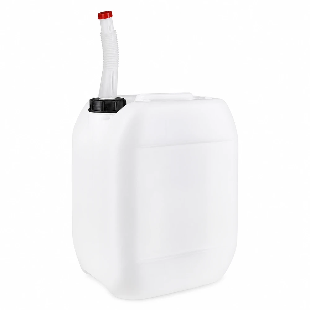 10 liter Dunk med Flex utloppsrör Vit 10-liters plastdunk med flexibelt utloppsrör och rött lock