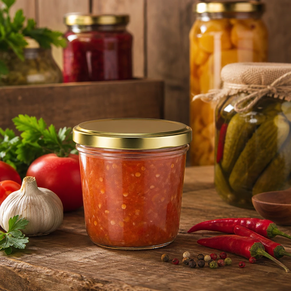 230ml Krossade glasögon med BasicSeal lock guld UNiTWIST 230 ml glasburk med gyllene lock fylld med tomatrelish omgiven av färska ingredienser och kryddor