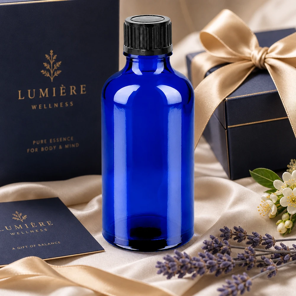 50ml flaska 11mm skruvkork svart standard BlueLine UT18/50 50 ml UV-skyddad glasflaska i ljusblått med barnsäkert lock för wellness