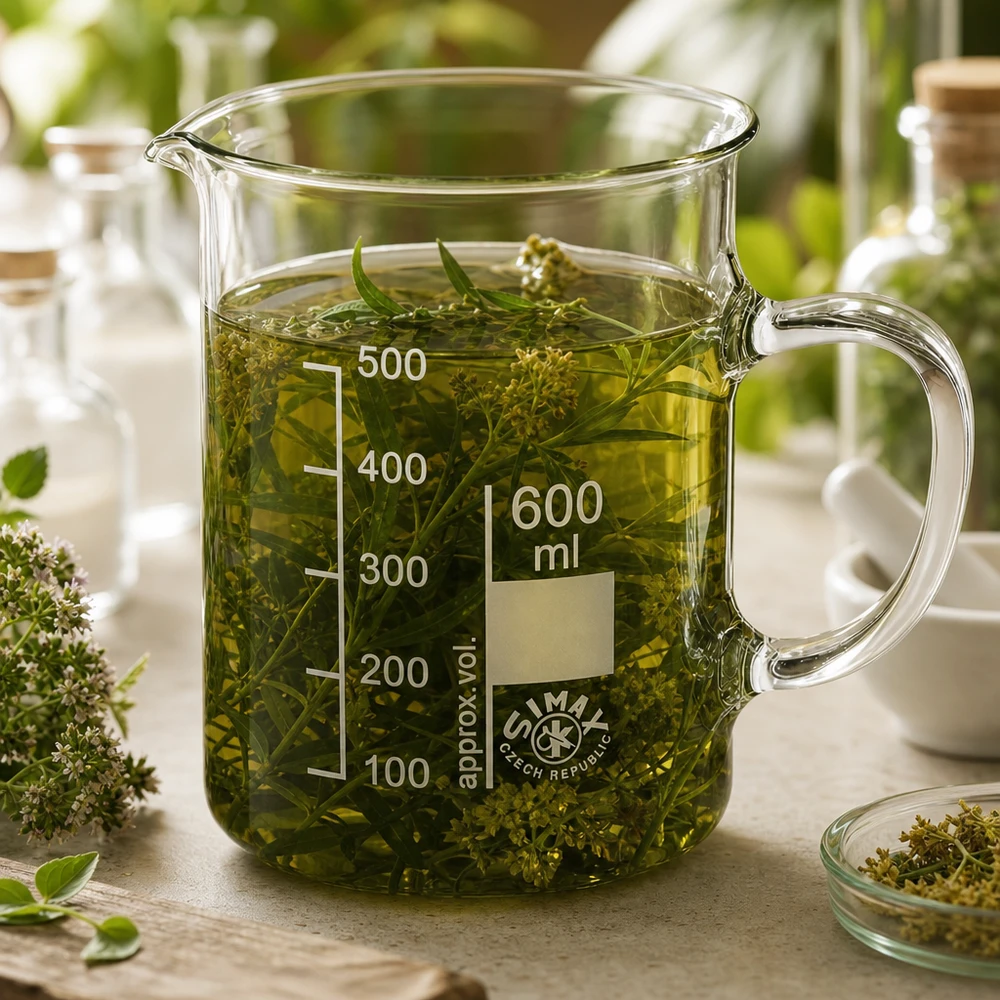 600 ml bägare med handtag, fylld med grön örtte och färska medicinalväxter