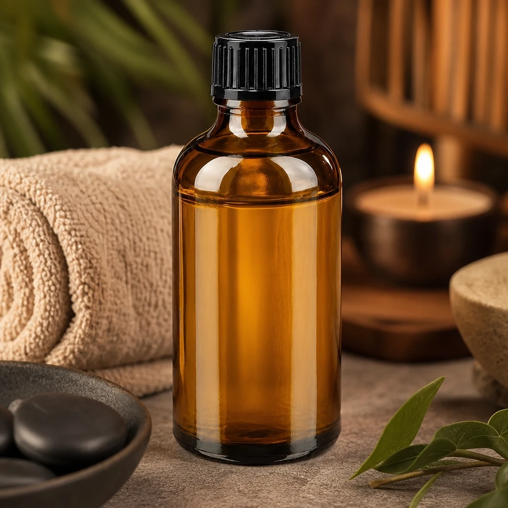 50 ml apotekarflaska i brunt glas med svart 11 mm-lock i en avkopplande spa-atmosfär