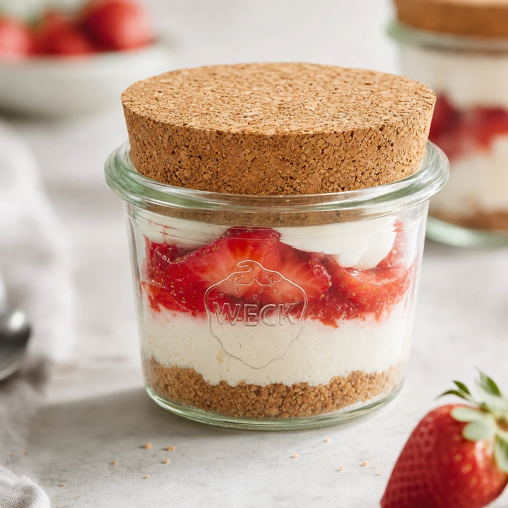 35ml Krossade glasögon WECK RR40 med kork naturell WECK RR40 35 ml murarburk med kork fylld med jordgubbsgrädde dessert som portionsburk för söta desserter