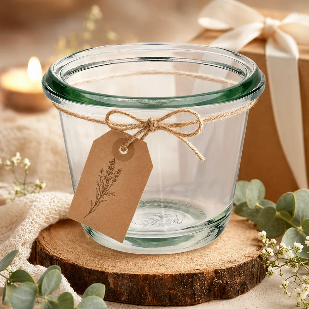 80ml gourmetburk WECK RR60 80 ml WECK gourmetburk RR60 dekorativt arrangerad med kraftpappersetikett på träskiva i festlig presentdekoration