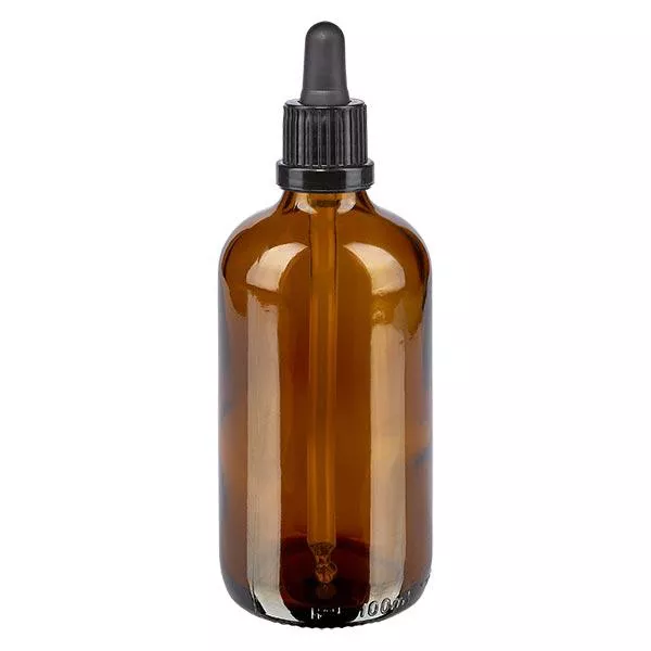 Apoteksflaska brun 100ml pipett svart manipuleringssäkert lock Apoteksflaska brun 100ml pipett svart manipuleringssäkert lock