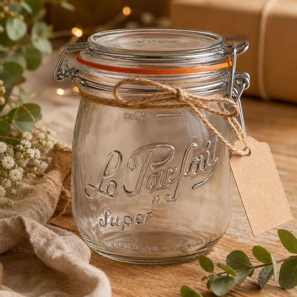 Le Parfait® burk 750 ml Ø85 mm förvaring 750 ml Le Parfait förvaringsburk Super med svängbar topp och presentetikett på träbord med dekoration