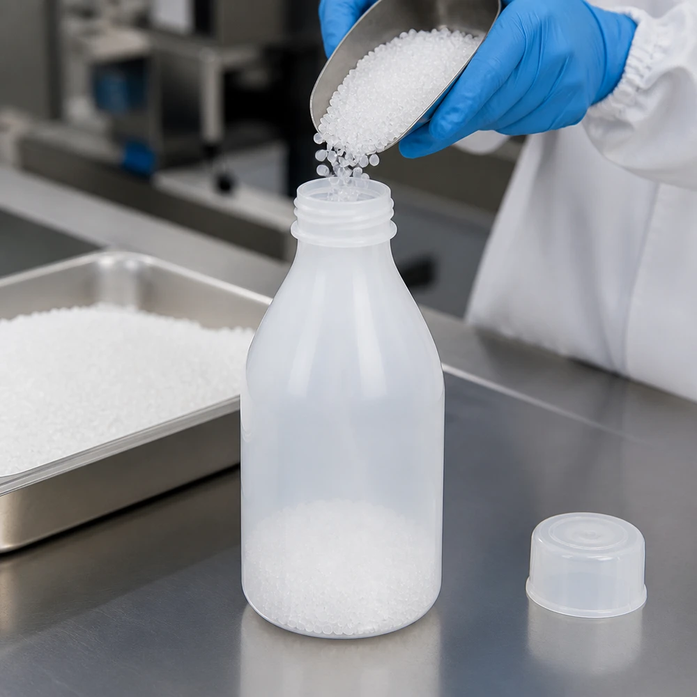100ml laboratorieflaska med smal hals och skruvkork En laboratorieassistent fyller vita plastgranulat med en metallskopa i en 100 ml skruvflaska med smal hals