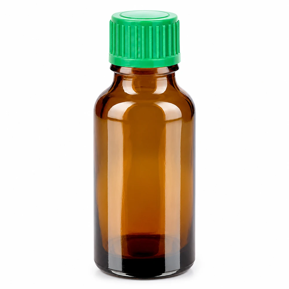 20 ml droppflaska av bärnstensfärgat glas med grönt skruvlock för exakt dosering