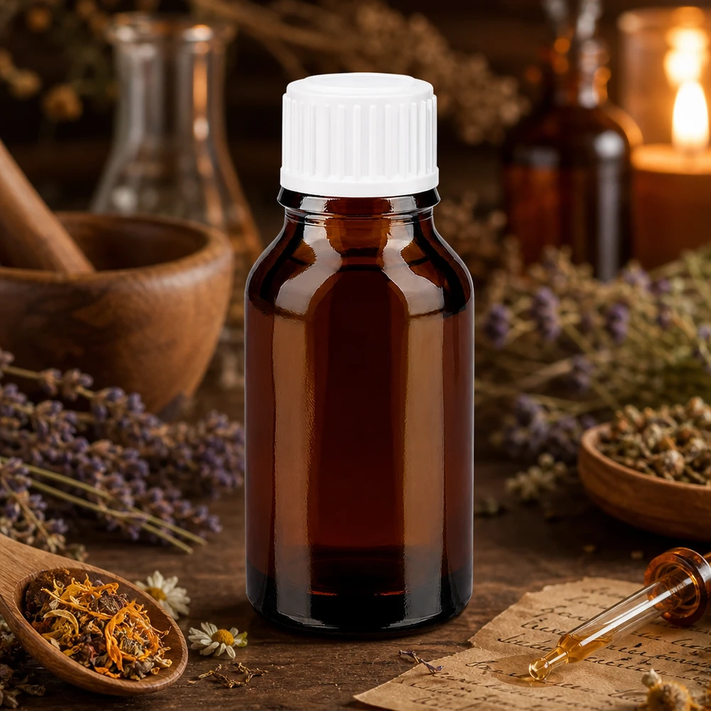 Apoteksflaska brun 30ml skruvkork vit standard Brun apoteksflaska, 30 ml, av ljusskyddande glas med vit kork, blandad med örter och läkande växter