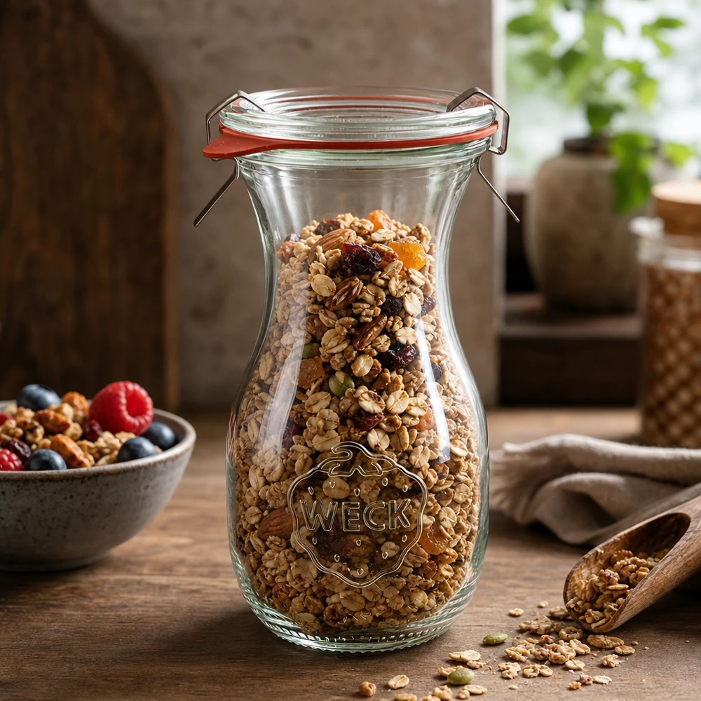 WECK juiceflaska 290ml RR60 fylld med müsli och torkad frukt för förvaring av mat