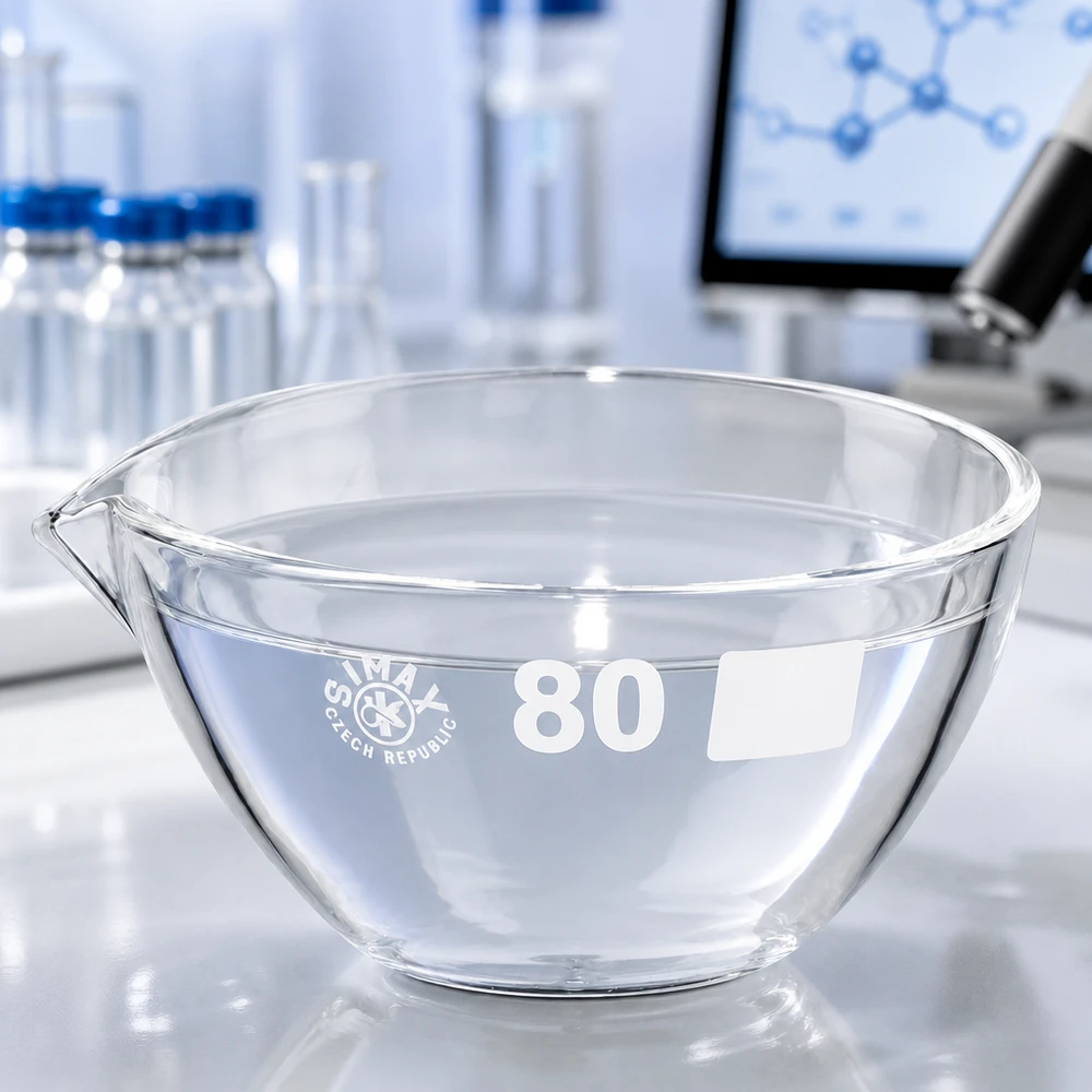 90ml indunstningsskål med pip av borosilikat ø80mm Professionell 90 ml laboratorieskål i borosilikat med pip för kemiska analyser och indunstningsprocesser