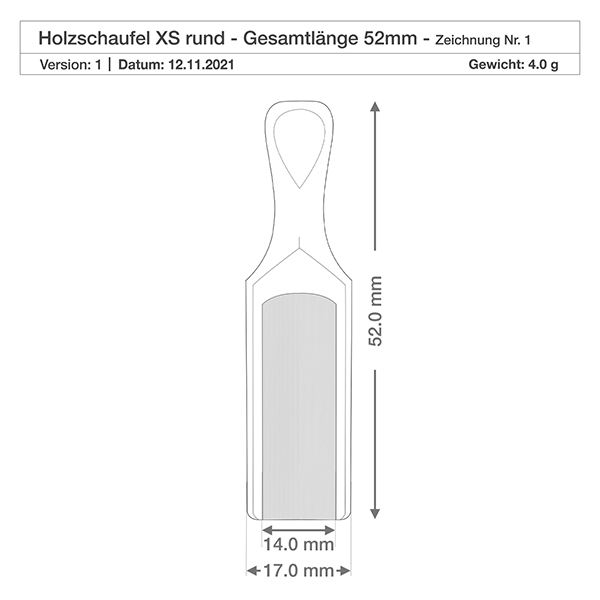 Träskopa storlek XS halvcirkelformad - 52mm lång Teknisk ritning av träspade XS med måtten 52 mm total längd och 17 mm bredd