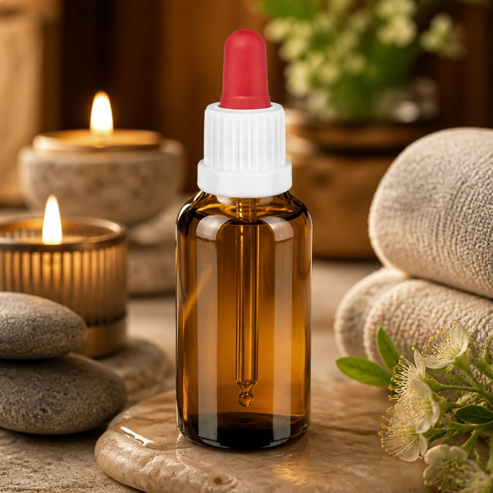 30 ml pipettflaska vit/röd med säkerhetsförslutning BrownLine UT18/30 Professionell 30 ml pipettflaska BrownLine med UV-skydd för kosmetiska och farmaceutiska tillämpningar
