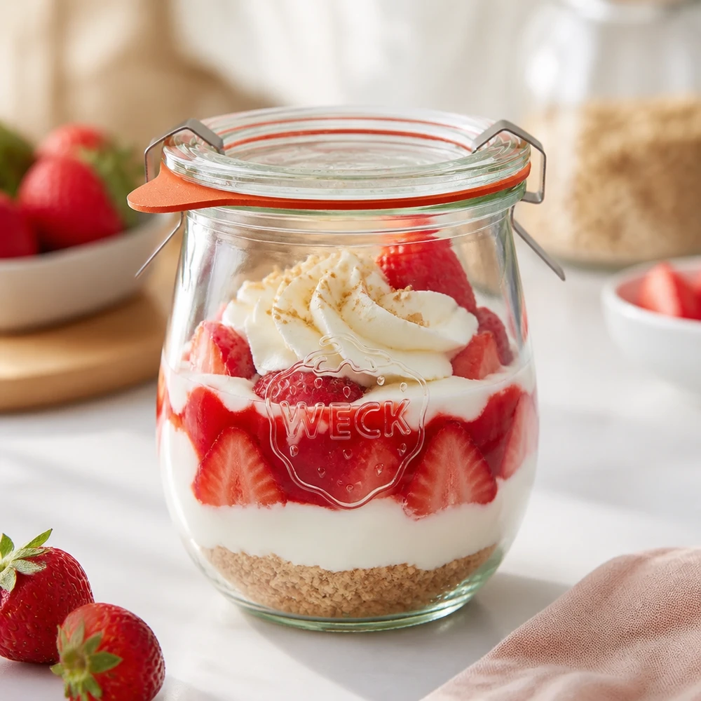 220ml tulpanburk komplett WECK RR60 WECK tulpanburk 220ml RR60 med jordgubbsdessert skiktad dessert yoghurt och kexbotten används som dessertburk