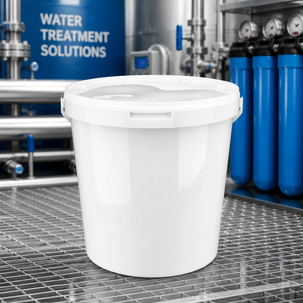 Vit PP-plasthink på 10,7 liter med lock i vattenreningsanläggningen