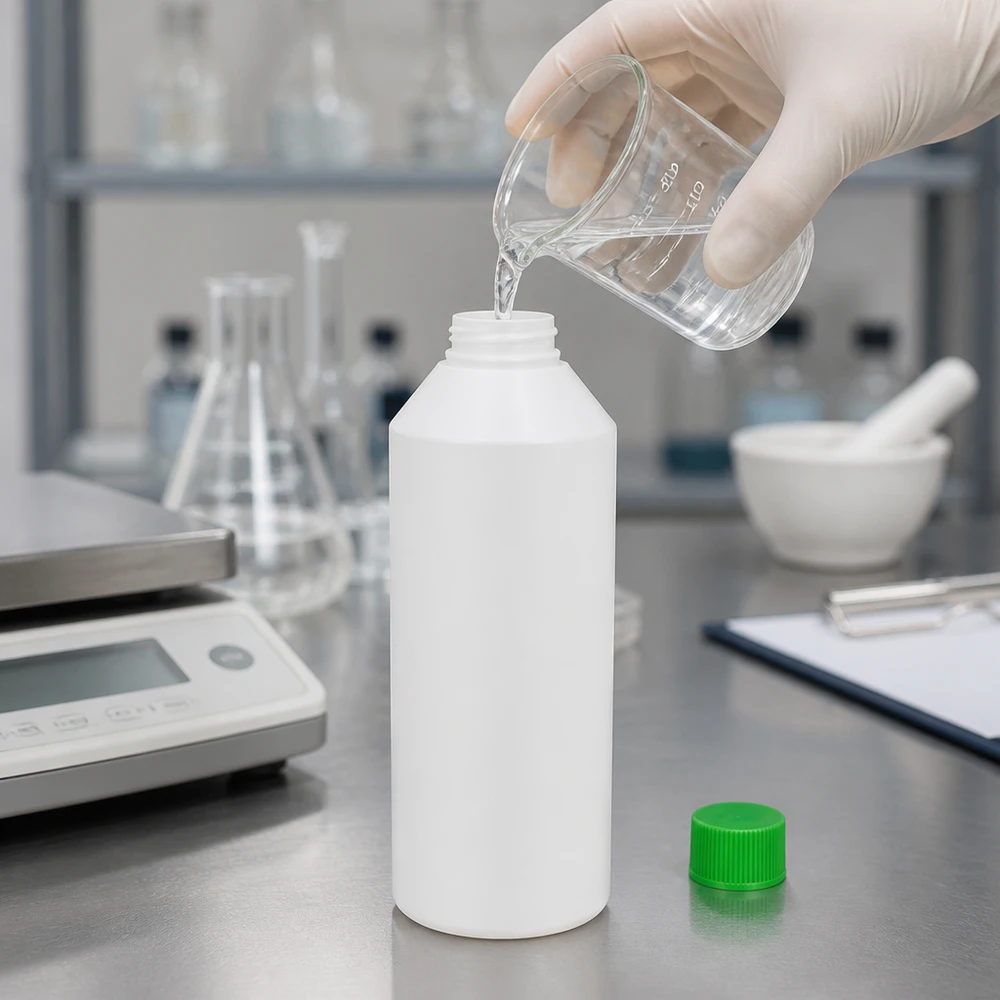 Vit HDPE-apotekflaska på 250 ml med grönt lock vid påfyllning av klar vätska i laboratoriet