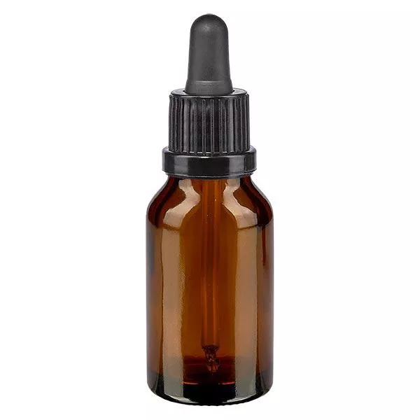 Apoteksflaska brun 15ml pipett svart manipulationsskyddad förslutning Apoteksflaska brun 15ml pipett svart manipulationsskyddad förslutning