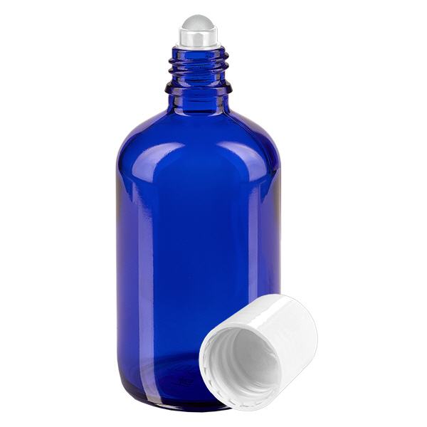 Apoteksflaska blå 100ml roll-on lock vit