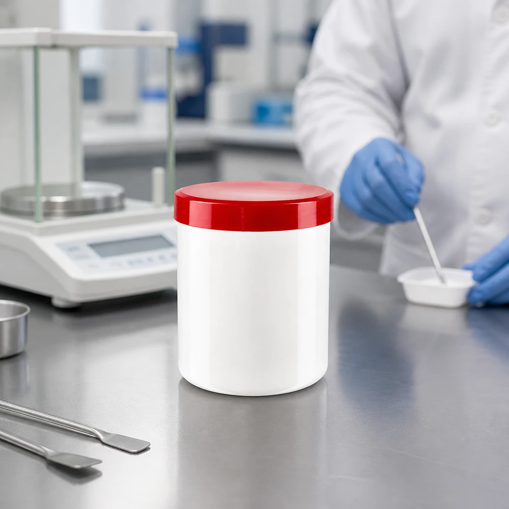 Vit PP-salvburk på 20 g med rött skruvlock, stående på en arbetsbänk av rostfritt stål i laboratoriet