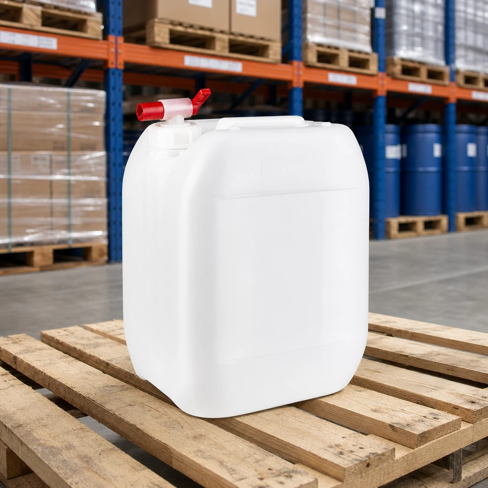 Vit lagringsdunk på 10 liter med röd utloppskran på träpall i ett industrilager