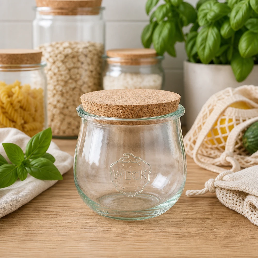 370 ml tulpanburk WECK RR80 med naturkork WECK tulpanburk 370ml RR80 med kork i hållbart zero waste-kök mellan förvaringsburkar och basilika