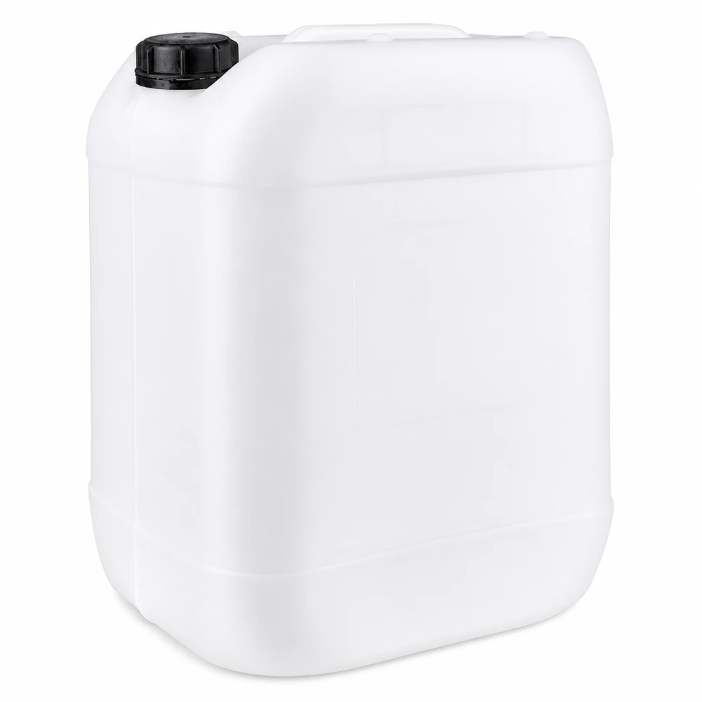 20-liters Dunk med skruvkork med sabotageskydd Vit 20-liters plastdunk med svart skruvlock och bärhandtag