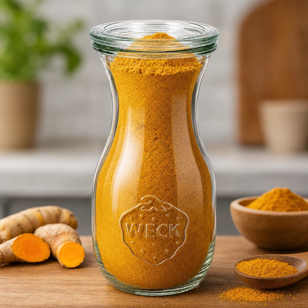 WECK juiceflaska 290ml RR60 fylld med gurkmejapulver bredvid färska gurkmejarötter och träskålar på köksbordet