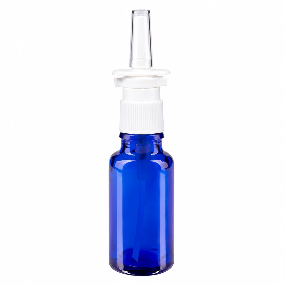 Apoteksflaska blå 20ml nässprayflaska vit standard 20 ml blå glasflaska med vit nässprayhuvud och genomskinlig munstycke för apotek