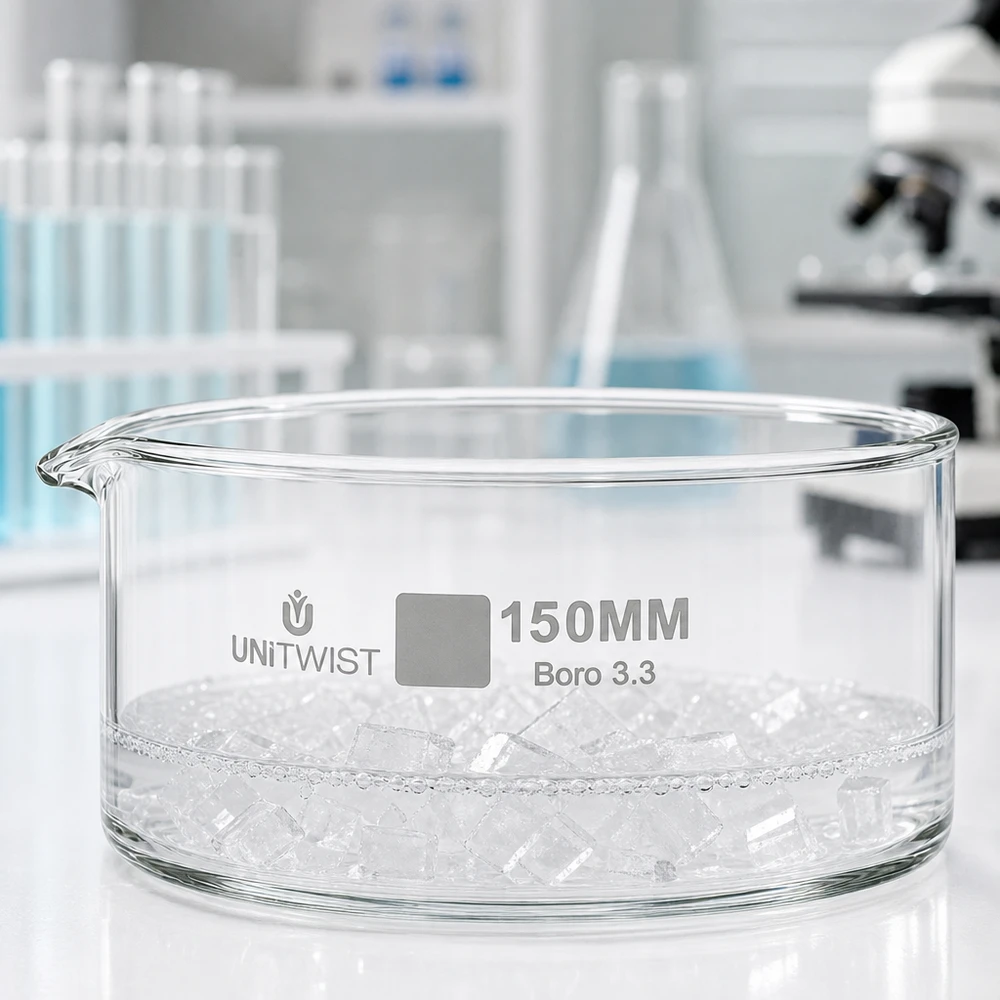Kristallisationskärl ø150 mm, borosilikatglas UNiTWIST Platt glasskål 150 mm UNiTWIST Boro 3.3 med isbitar i laboratoriet