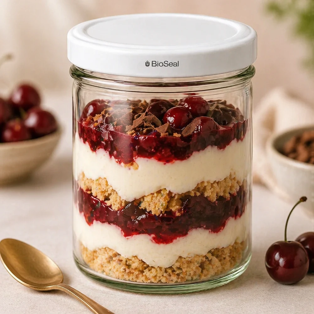 167 ml Krossade glasögon med vitt UNiTWIST BioSeal-lock UNiTWIST 167 ml muggar med BioSeal-lock skiktad dessert körsbärskompott smulpaj dessertglas köksscen gyllene sked