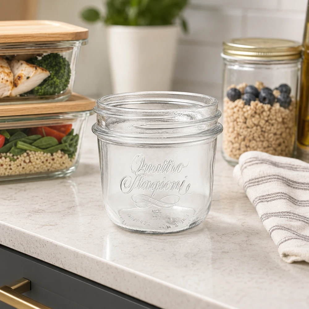 200ml "Quattro Stagioni" krossade glasögon QS86mm 200ml Quattro Stagioni Einmachglas mit elegantem Design für Küche Vorratshaltung und Dekoration auf Marmor Arbeitsplatte