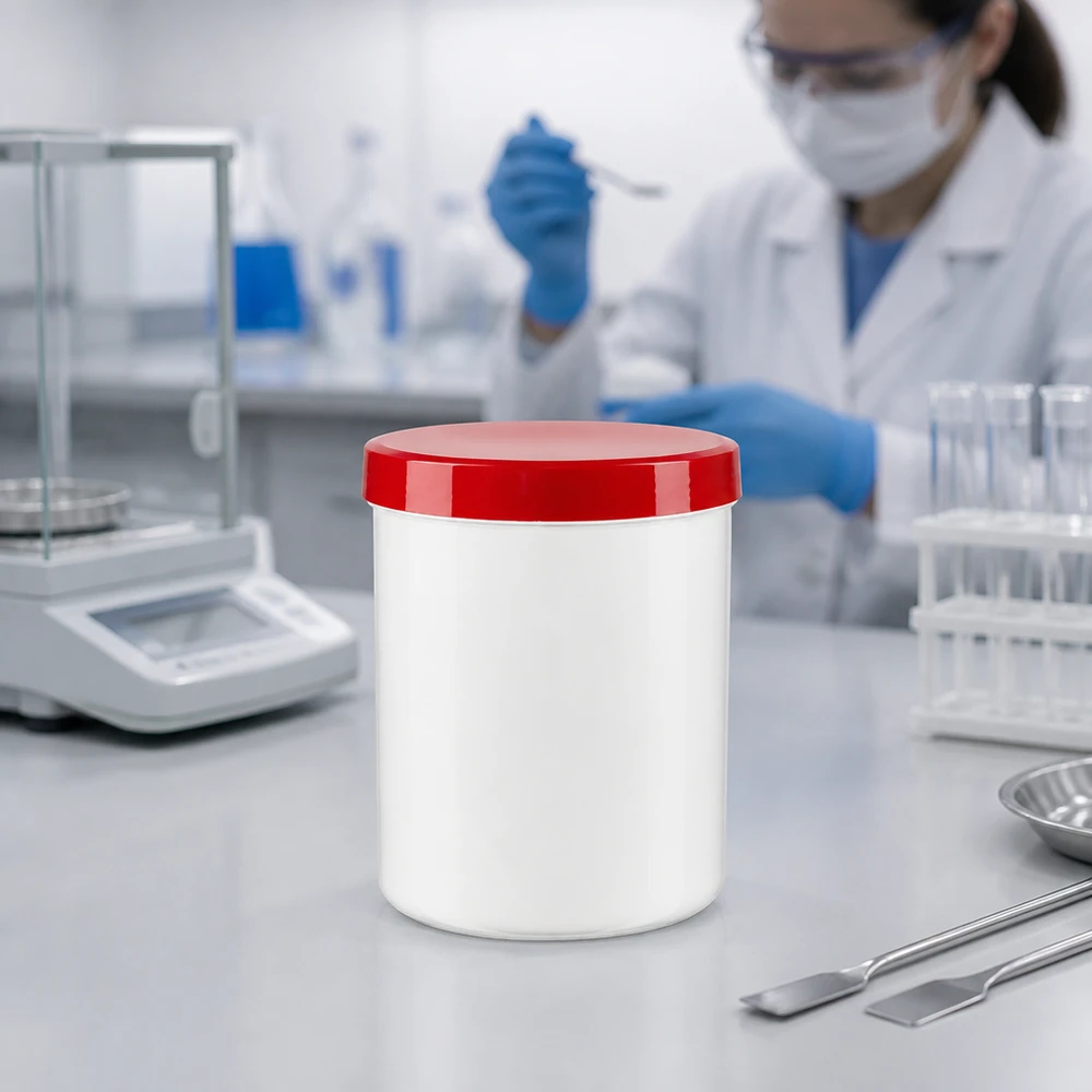 Vit plastkruka på 1000 g med rött skruvlock på ett grått laboratoriebord