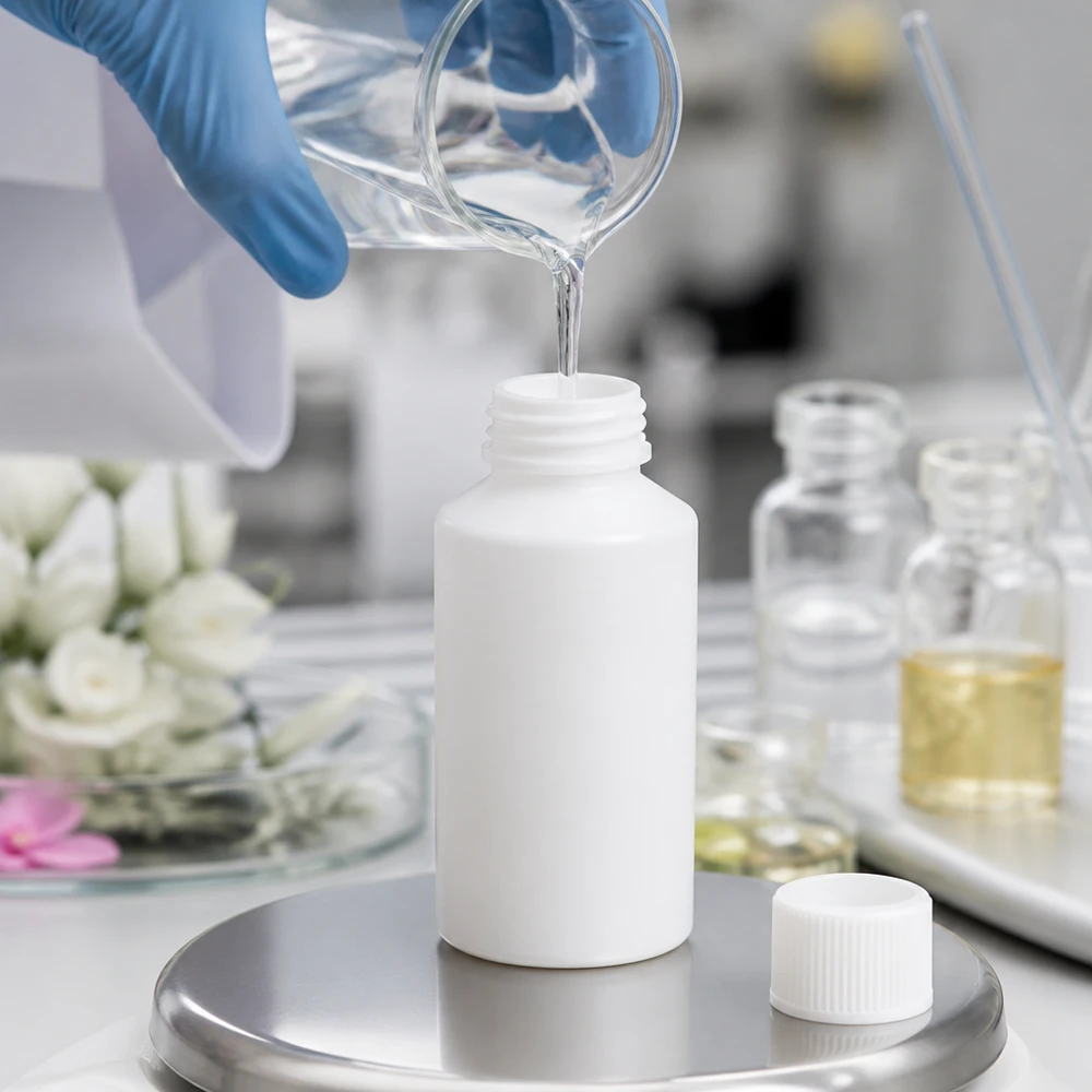 Apoteksflaska HDPE 50ml vit, med vitt skruvlock Fyllning av en vit HDPE-apotekskaraff på 50 ml med säkerhetslock på en precisionsvåg