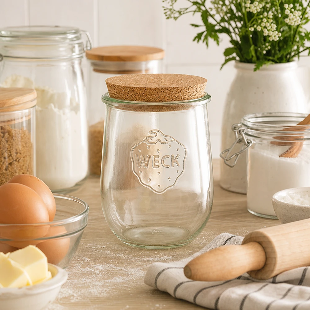 1062ml tulpanburk WECK RR100 med naturkork WECK tulpanburk RR100 1062ml med kork i ett mysigt bakkök bredvid förvaring av mjöl, ägg och bakingredienser
