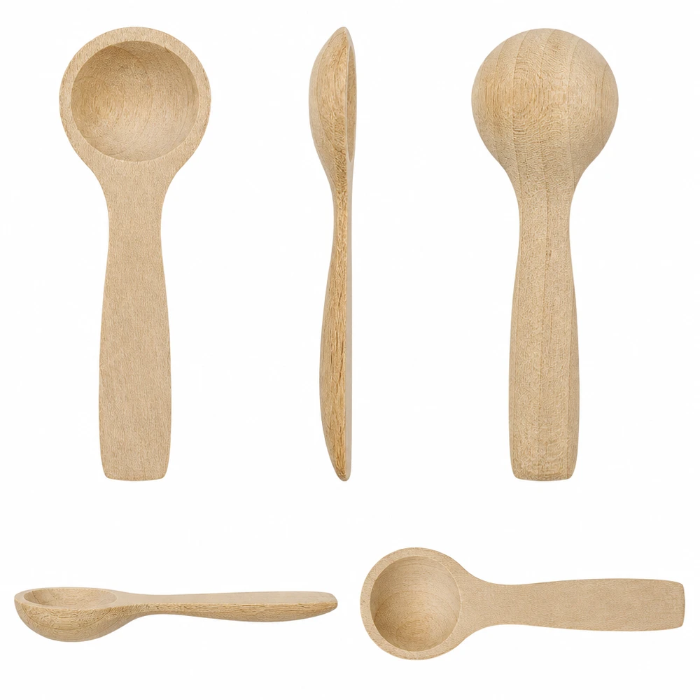 Fem vyer av den lilla träskopan 7,7 cm från olika vinklar visar formen och finishen på skeden av bokträ.