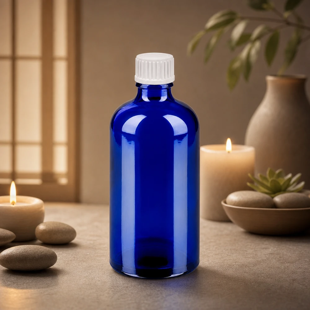 100ml apoteksflaska blå med 0,9mm dropplock för aromaterapi BlueLine UT18
