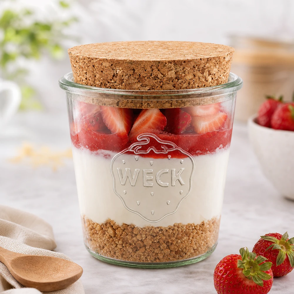 580ml WECK RR100 Krossade glasögon med naturkork WECK burk 580ml RR100 med kork som dessertburk för jordgubbar yoghurt müsli snyggt uppställd på ett vitt bord