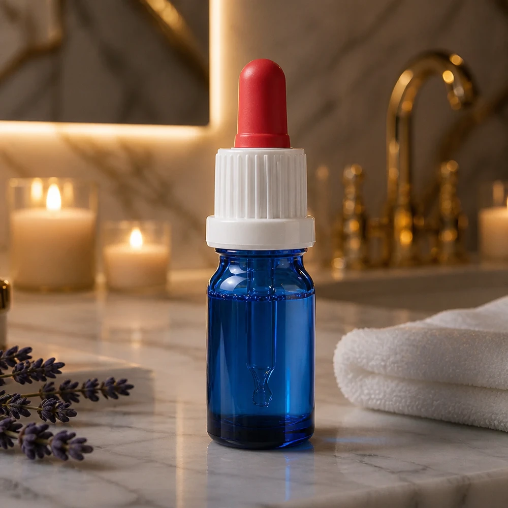 Elegant blå pipettflaska 5ml med vitt lock i en lyxig badrumsmiljö BlueLine UT18/5