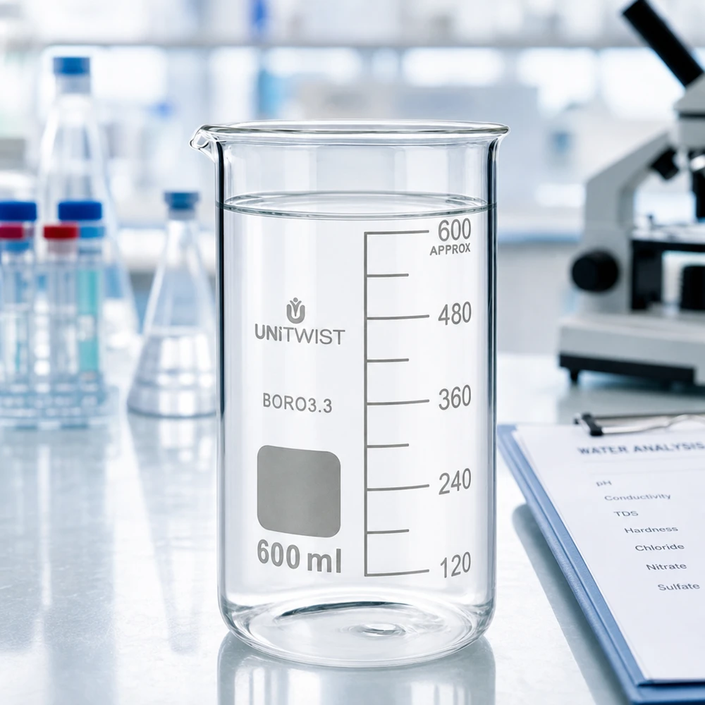 Bägare 600ml borosilikat, högformad UNiTWIST UNITWIST bägare, 600 ml, hög modell, borosilikatglas, med klart vatten på laboratoriebordet bredvid mikroskopet