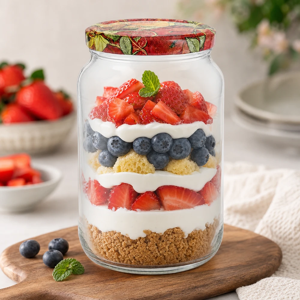 1062ml rund burk BasicSeal lock frukt dekor skiktad dessert bär grädde kex bas trifle dessert mason burk