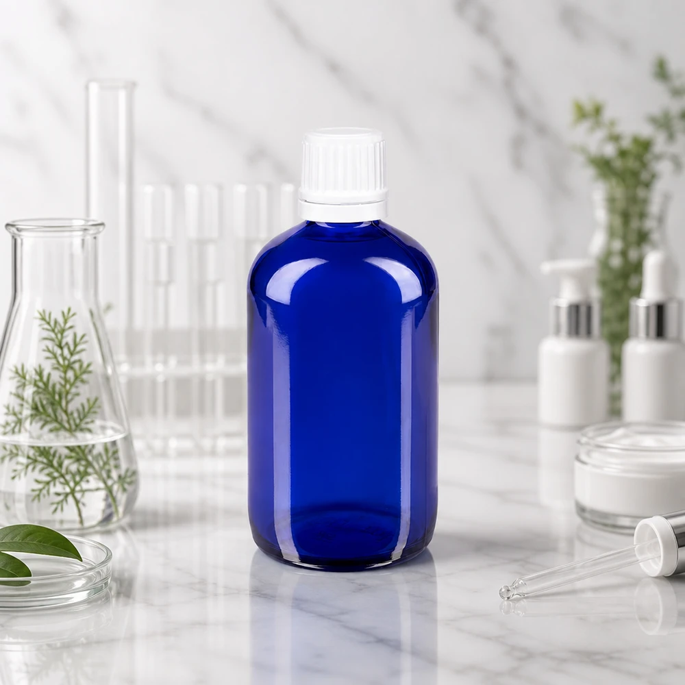 Blå apotekarflaska i glas, 100 ml, med vit OV-kork, 11 mm, i laboratoriet mellan Erlenmeyer-kolvar och provrör