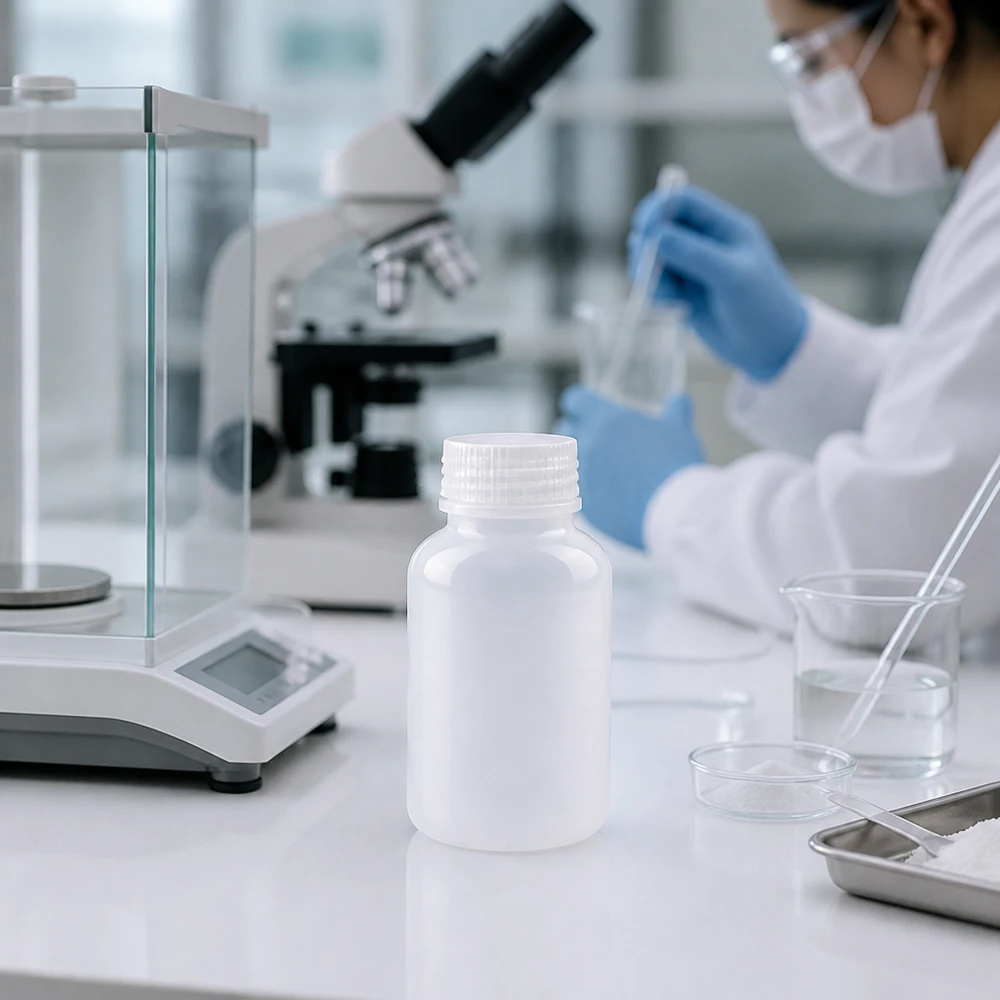 100ml laboratorieflaska med bred hals utan lock Kompakt 100 ml laboratorieflaska med vid hals utan lock bredvid analysvågen och mikroskopet i laboratoriet