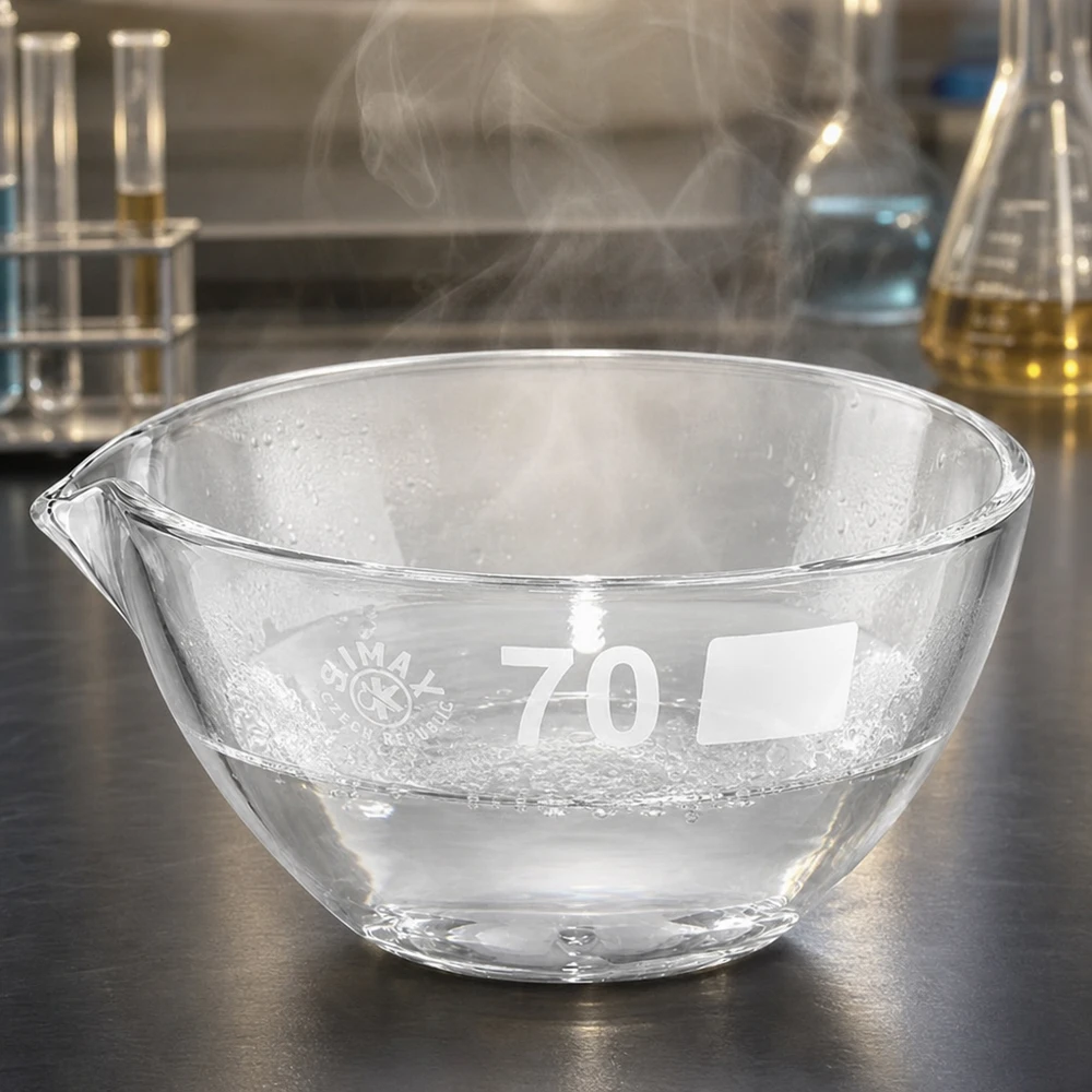 60ml indunstningsskål med pip av borosilikat ø70mm Transparent glasskål 60 ml med pip av högkvalitativt borosilikat för exakt laboratoriearbete