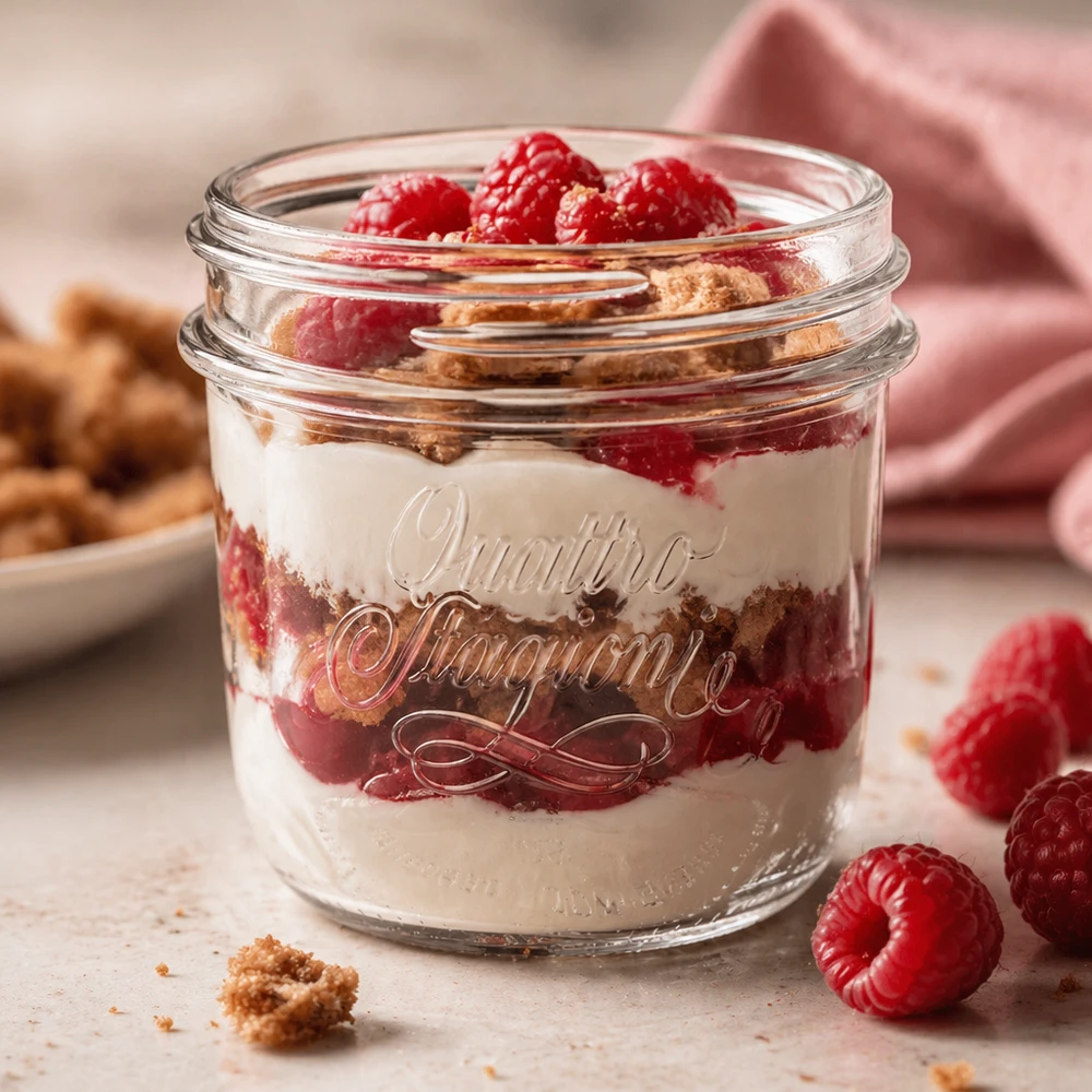 200ml "Quattro Stagioni" krossade glasögon QS86mm 200 ml Quattro Stagioni dekorativ burk fylld med dessert, hallon och kex, transparent konserveringsburk för köket