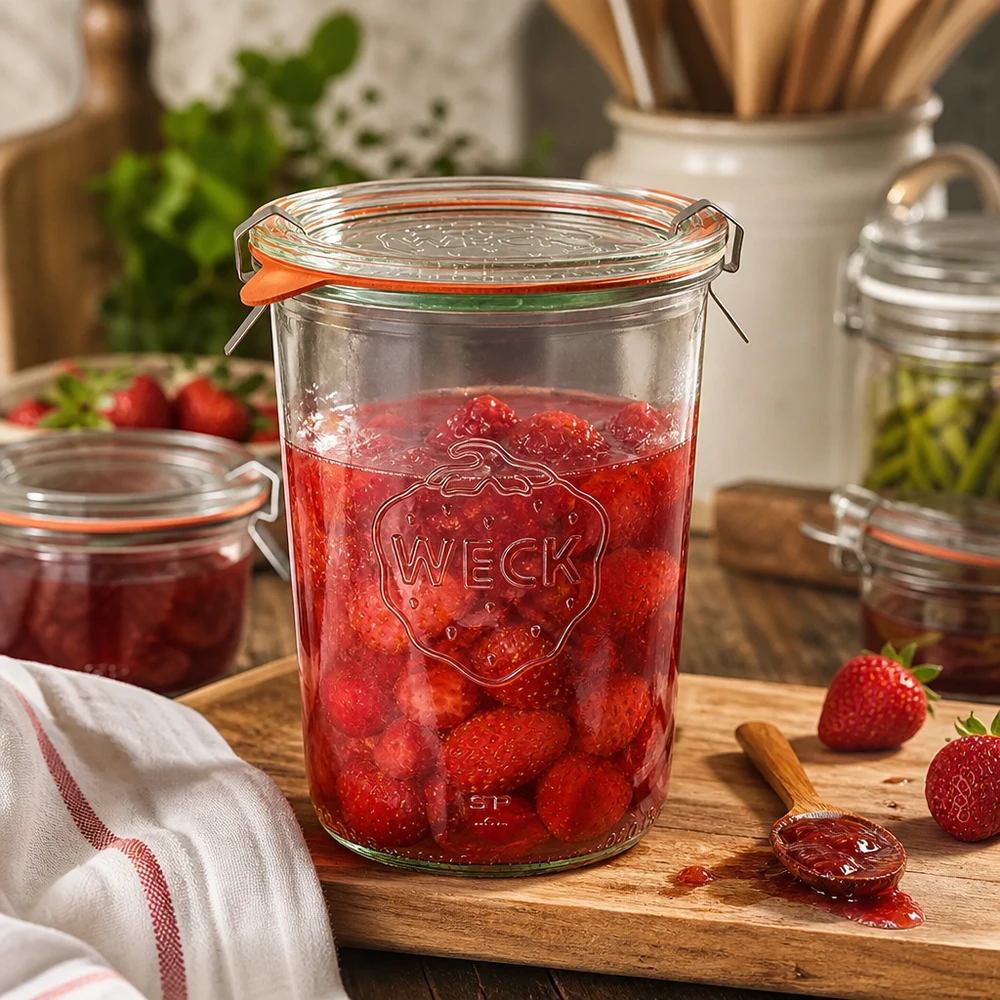 850ml krossade glasögon komplett WECK RR100 WECK 850 ml syltburk fylld med jordgubbssylt på en träbräda i ett rustikt kök med färska jordgubbar